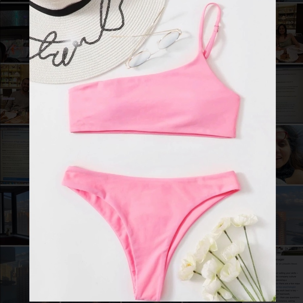 One shoulder pink bikini set